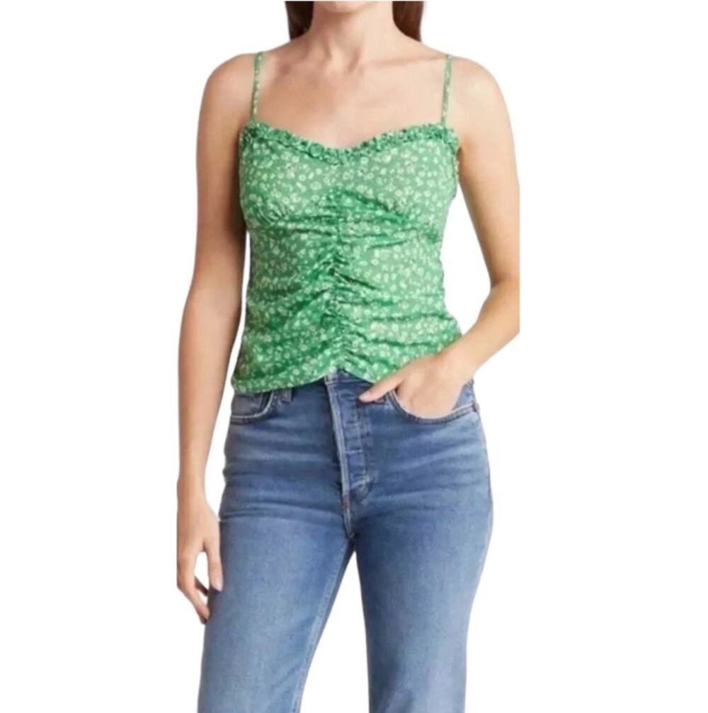 New LUSH NORDSTROM Women's Green Floral Print Ruched Front Cami Tank Top Size S